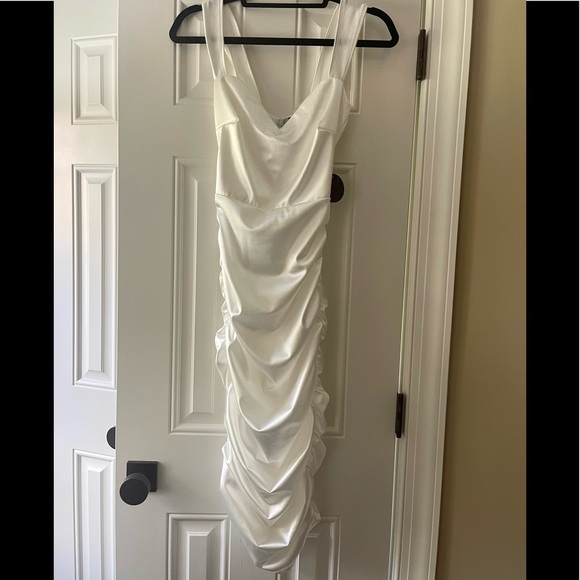 NWT Ruched Satin effect White dress Hot Miami Styles Sz S 🔥 stretchy - Picture 3 of 6